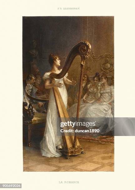 la romance, woman playing a harp, 19th century - romanticism art stock illustrations