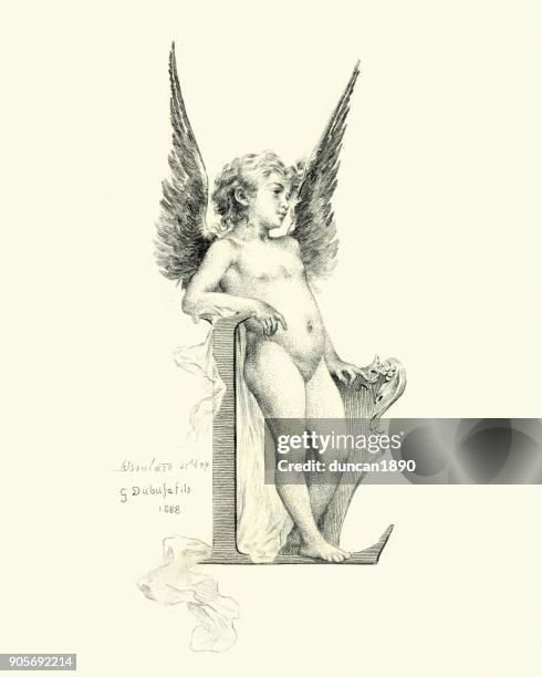 ilustraciones, imágenes clip art, dibujos animados e iconos de stock de vintage grabado de un angelito - cupido