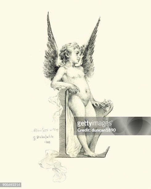 stockillustraties, clipart, cartoons en iconen met vintage gravure van een kleine engel - cupid