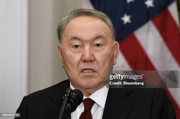 Nursultan Nazarbayev, Kazakhstan's president, speaks during a joint press conference with U.S. President Donald Trump, not pictured, in the Roosevelt...