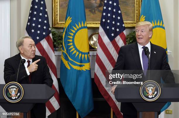 Nursultan Nazarbayev, Kazakhstan's president, left, speaks while U.S. President Donald Trump listens during a joint press conference in the Roosevelt...