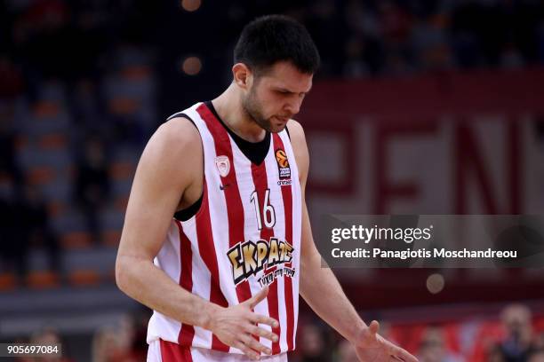 Kostas Papanikolaou, #16 of Olympiacos Piraeus react during the 2017/2018 Turkish Airlines EuroLeague Regular Season Round 18 game between Olympiacos...