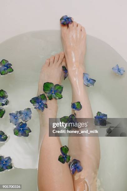 womans leg in a bath with flowers - pov or personal perspective or immersion stock pictures, royalty-free photos & images