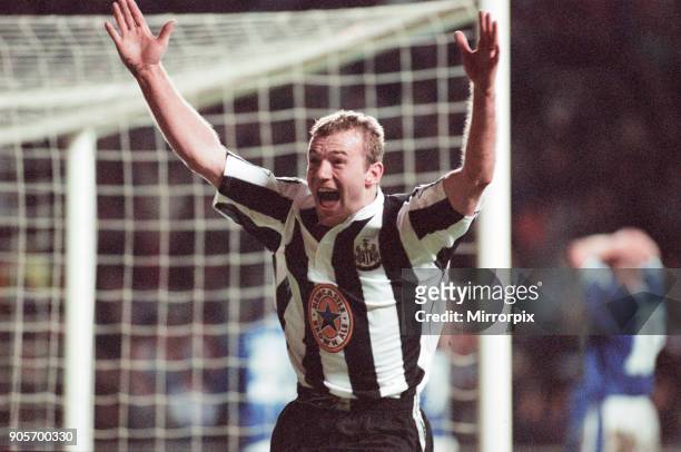 Newcastle United 4-3 Leicester City, premier league match at St James Park, Sunday 2nd February 1997. Our picture shows Alan Shearer, who scored a...