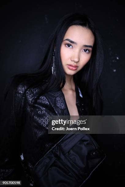 Model poses ahead of the Riani show during the MBFW January 2018 at ewerk on January 16, 2018 in Berlin, Germany.