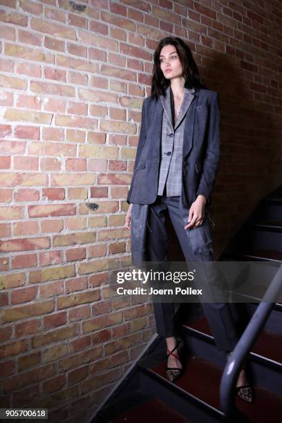 Model poses ahead of the Riani show during the MBFW January 2018 at ewerk on January 16, 2018 in Berlin, Germany.