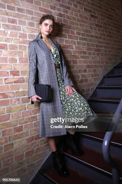 Model poses ahead of the Riani show during the MBFW January 2018 at ewerk on January 16, 2018 in Berlin, Germany.