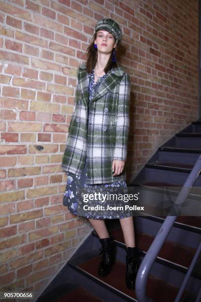 Model poses ahead of the Riani show during the MBFW January 2018 at ewerk on January 16, 2018 in Berlin, Germany.