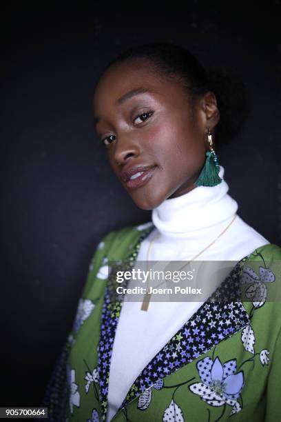 Model poses ahead of the Riani show during the MBFW January 2018 at ewerk on January 16, 2018 in Berlin, Germany.