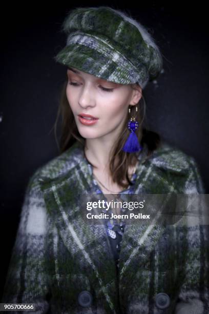 Model poses ahead of the Riani show during the MBFW January 2018 at ewerk on January 16, 2018 in Berlin, Germany.