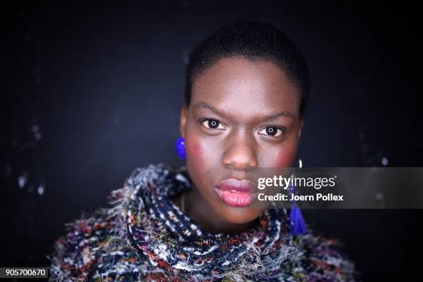 Model poses ahead of the Riani show during the MBFW January 2018 at ewerk on January 16, 2018 in Berlin, Germany.