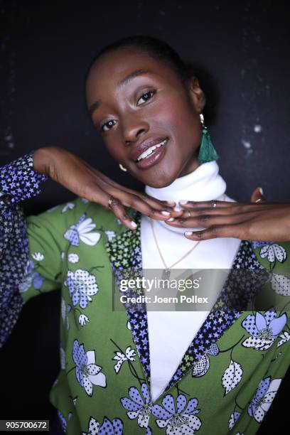 Model poses ahead of the Riani show during the MBFW January 2018 at ewerk on January 16, 2018 in Berlin, Germany.