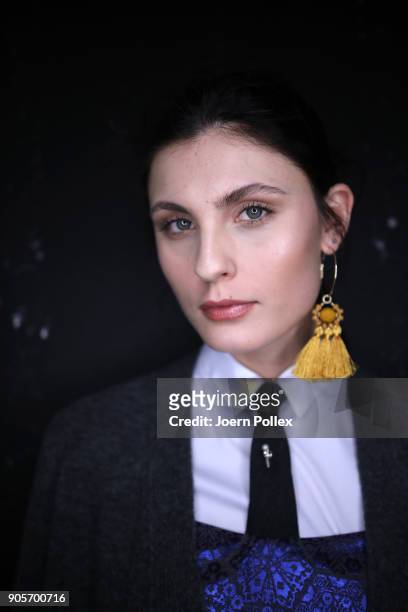 Model poses ahead of the Riani show during the MBFW January 2018 at ewerk on January 16, 2018 in Berlin, Germany.
