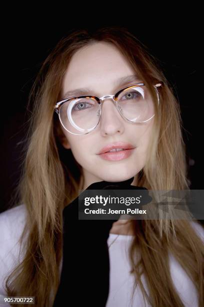 Model poses ahead of the Riani show during the MBFW January 2018 at ewerk on January 16, 2018 in Berlin, Germany.