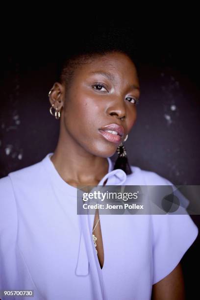 Model poses ahead of the Riani show during the MBFW January 2018 at ewerk on January 16, 2018 in Berlin, Germany.