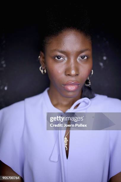 Model poses ahead of the Riani show during the MBFW January 2018 at ewerk on January 16, 2018 in Berlin, Germany.