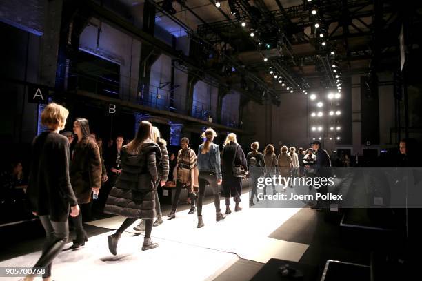 Models walk the runway during rehearsal ahead of the Riani show during the MBFW January 2018 at ewerk on January 16, 2018 in Berlin, Germany.