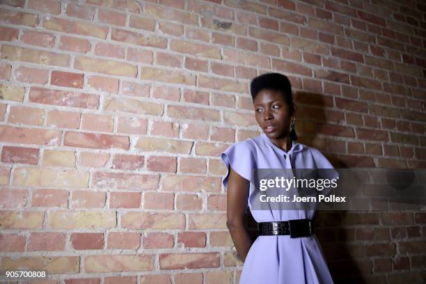 Model poses ahead of the Riani show during the MBFW January 2018 at ewerk on January 16, 2018 in Berlin, Germany.