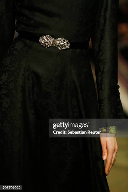 Model, fashion detail, walks the runway during the Lena Hoschek Fashion Show Berlin at Botanischer Garten on January 16, 2018 in Berlin, Germany.