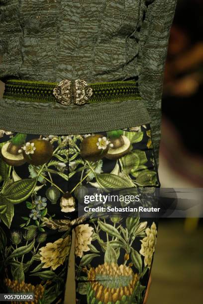 Model, fashion detail, walks the runway during the Lena Hoschek Fashion Show Berlin at Botanischer Garten on January 16, 2018 in Berlin, Germany.