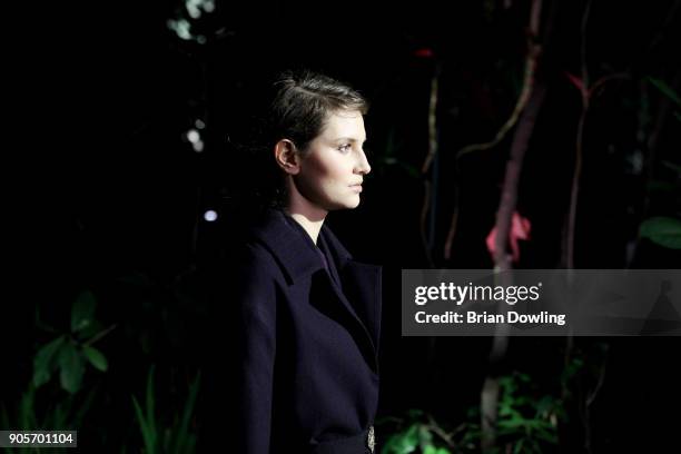 Model walks the runway during the Lena Hoschek Fashion Show Berlin at Botanischer Garten on January 16, 2018 in Berlin, Germany.