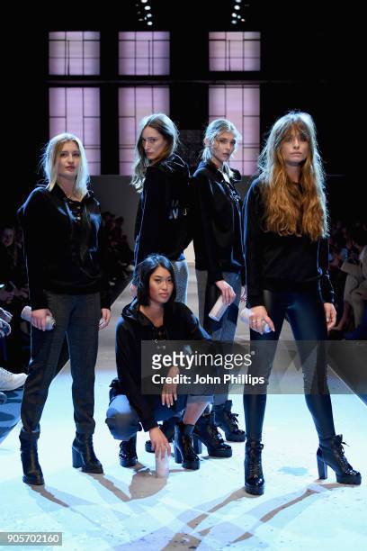 Franzi Mueller, Anuthida Ploypetch and other models on the runway at the Riani show during the MBFW Berlin January 2018 at ewerk on January 16, 2018...