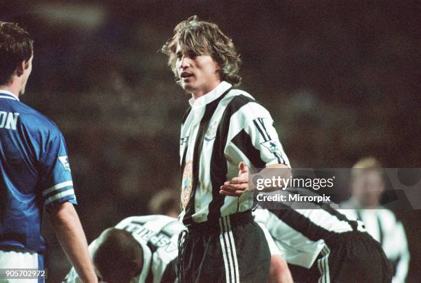 Newcastle United 4-3 Leicester City, premier league match at St James Park, Sunday 2nd February 1997. Our picture shows David Ginola.