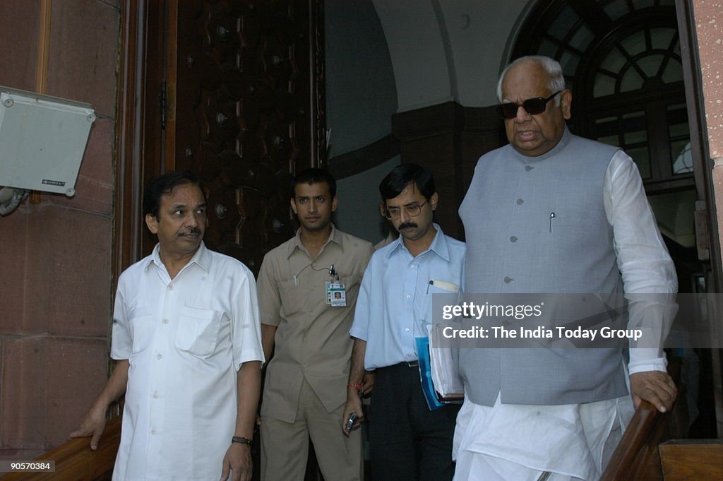 Somnath Chatterjee, Lok Sabha Speaker coming out after the meeting in New Delhi, India