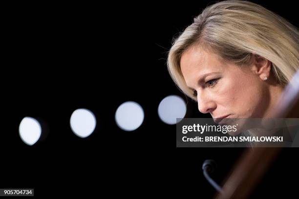 Secretary of Homeland Security Kirstjen Nielsen looks on during a hearing before the Senate Judiciary Committee on Capitol Hill on January 16, 2018...