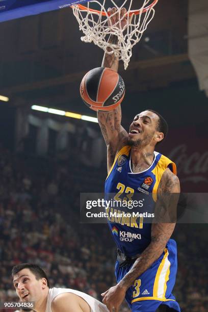 Malcolm Thomas, #23 of Khimki Moscow Region in action during the 2017/2018 Turkish Airlines EuroLeague Regular Season Round 18 game between Crvena...