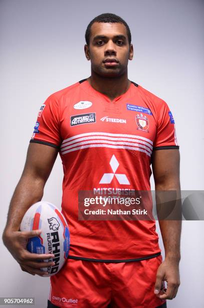 Ben Nakubuwai of Salford Red Devils poses for a portrait during the Salford Red Devils Media Day at AJ Bell Stadium on January 16, 2018 in Salford,...