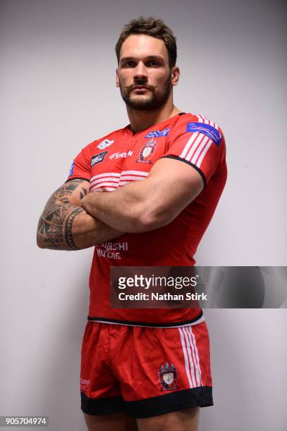 George Griffin of Salford Red Devils poses for a portrait during the Salford Red Devils Media Day at AJ Bell Stadium on January 16, 2018 in Salford,...