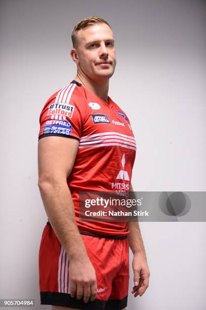 Craig Kopczak of Salford Red Devils poses for a portrait during the Salford Red Devils Media Day at AJ Bell Stadium on January 16, 2018 in Salford,...