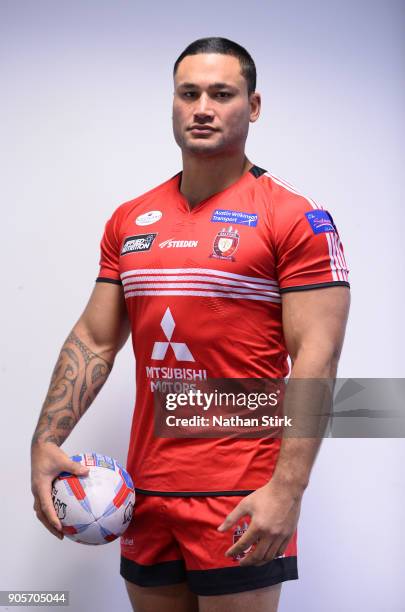 Weller Hauraki of Salford Red Devils poses for a portrait during the Salford Red Devils Media Day at AJ Bell Stadium on January 16, 2018 in Salford,...