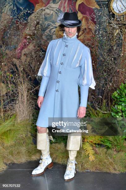 Model walks the runway at the Palomo Spain Autumn Winter 2018 fashion show during Paris Menswear Fashion Week on January 16, 2018 in Paris, France.