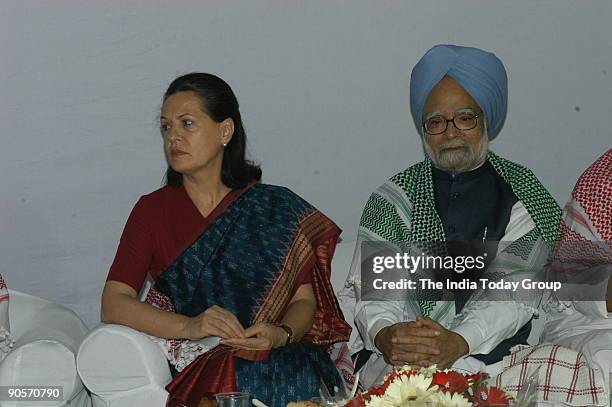 Sonia Gandhi, President of All India Congress Committee and United Progressive Alliance Chairperson with Manmohan Singh, Prime Minister of India at...