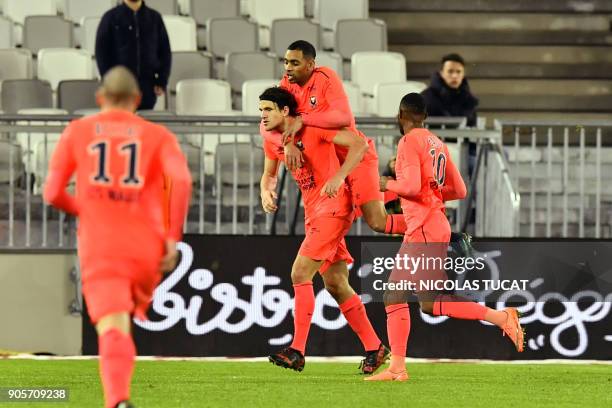 Caen's Croatian forward Ivan Santini celebrates after scoring a goal during the French L1 football match between Bordeaux and Caen on January 16,...