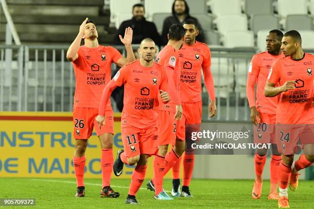 Caen's Croatian forward Ivan Santini celebrates after scoring a goal during the French L1 football match between Bordeaux and Caen on January 16,...