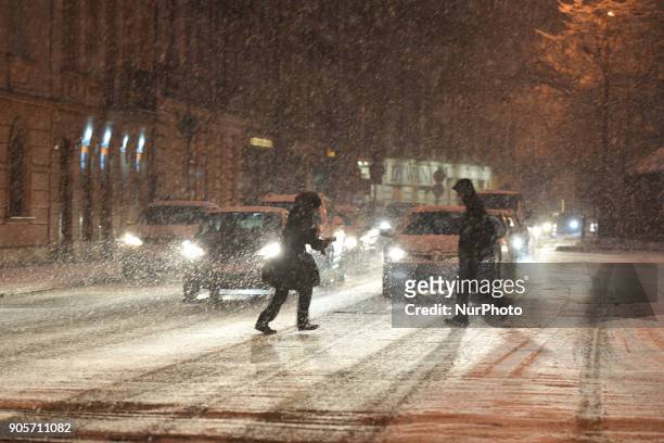View of Krakow's streets during a snow storm. On Tuesday, January 16 in Krakow, Poland.