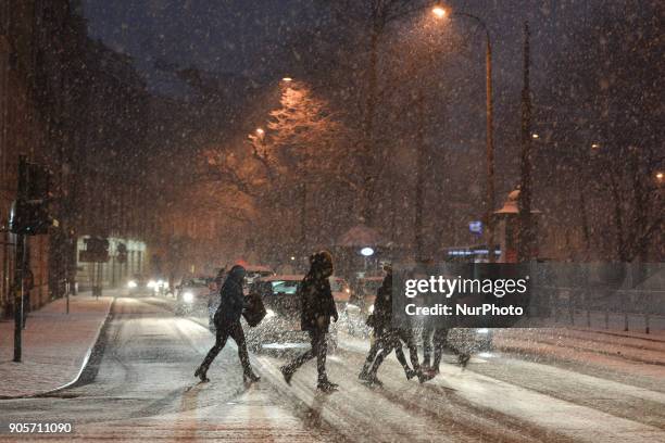 View of Krakow's streets during a snow storm. On Tuesday, January 16 in Krakow, Poland.