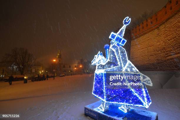 View of Krakow's streets during a snow storm. On Tuesday, January 16 in Krakow, Poland.