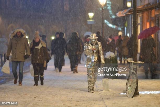 View of Krakow's streets during a snow storm. On Tuesday, January 16 in Krakow, Poland.