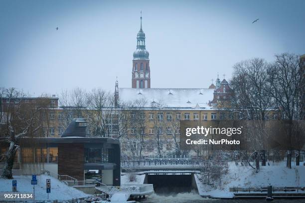 Buildings are seen covered in snow in Bydgoszcz, Poland on January 16, 2018. More snow is expected for the coming days across the country and...