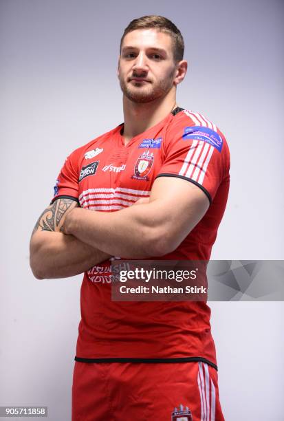 Gavin Bennion of Salford Red Devils poses for a portrait during the Salford Red Devils Media Day at AJ Bell Stadium on January 16, 2018 in Salford,...