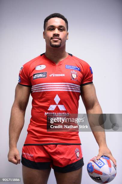 Derrell Olpherts of Salford Red Devils poses for a portrait during the Salford Red Devils Media Day at AJ Bell Stadium on January 16, 2018 in...