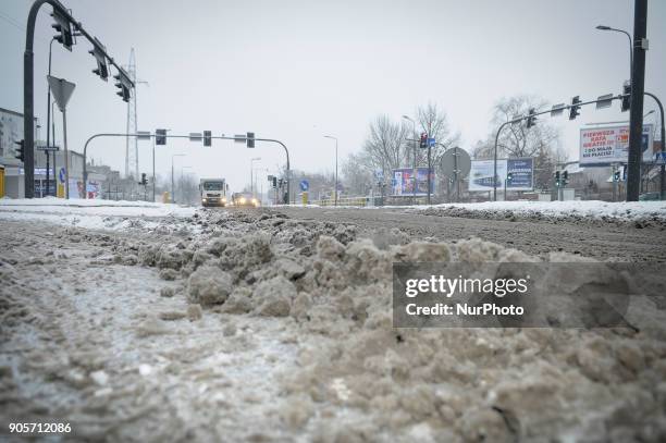 Snow is seen covering a busy road in Bydgoszcz, Poland on January 16, 2018/ More snow is expected for the coming days across the country and...