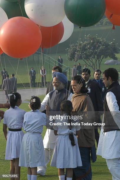 Sonia Gandhi, President of All India Congress Committee and United Progressive Alliance Chairperson along with Manmohan Singh, Prime Minister of...