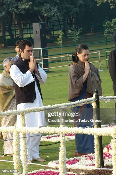 Sonia Gandhi, President of All India Congress Committee and United Progressive Alliance Chairperson with Rahul Gandhi Congress Member Parliament and...