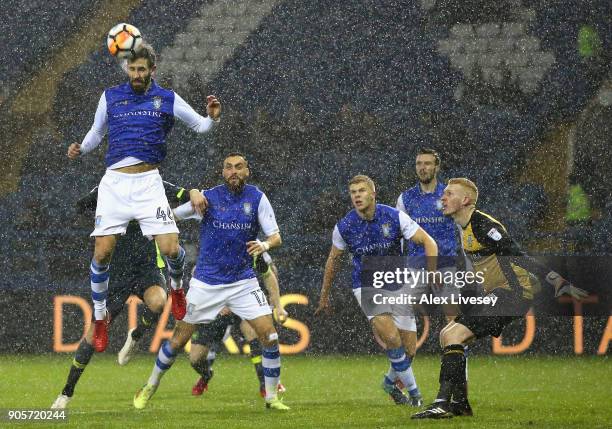 Frederico Venâncio of Sheffield Wednesday wins a header during The Emirates FA Cup Third Round Replay match between Sheffield Wednesday and Carlisle...