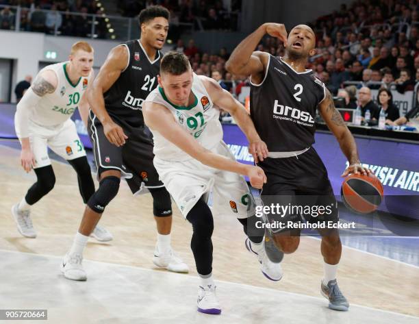 Ricky Hickman, #2 of Brose Bamberg competes with Edgaras Ulanovas, #92 of Zalgiris Kaunas in action during the 2017/2018 Turkish Airlines EuroLeague...